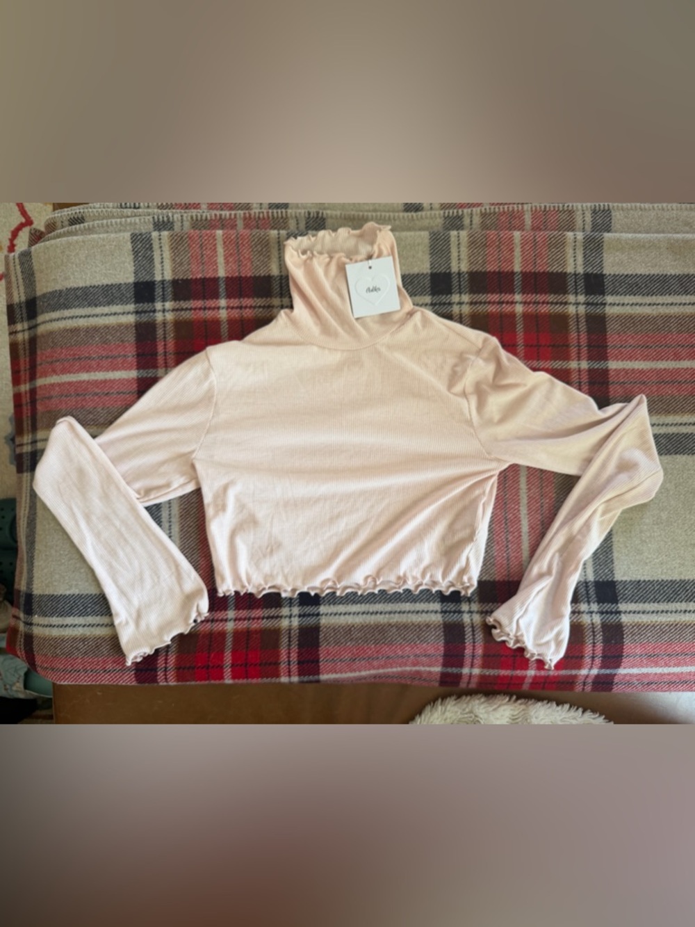 NWT Adika Blush Pink Ribbed Lettuce-Edge Turtleneck Crop Top